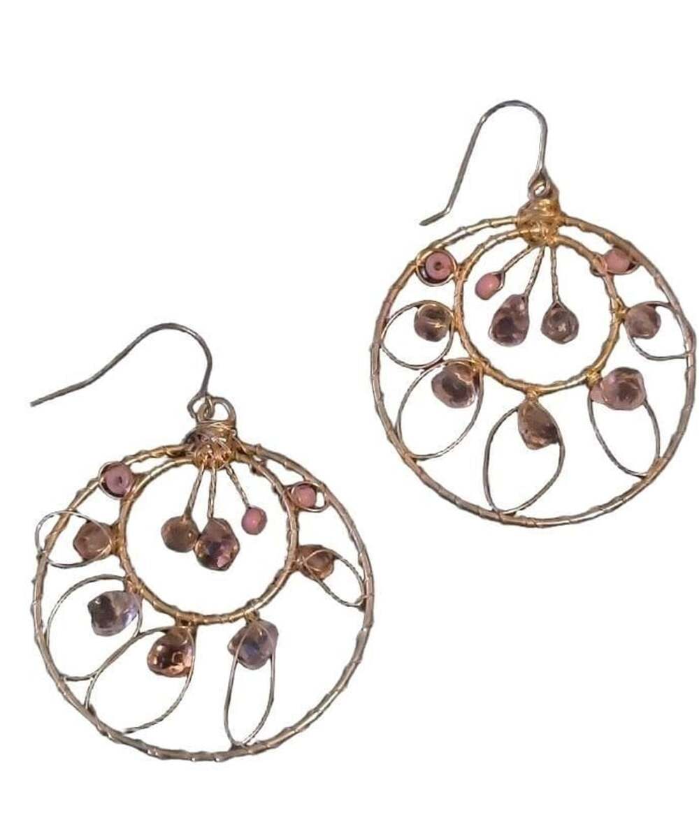 Gold Tone Wire Wrapped Pink Stone Circle Dangle Earrings